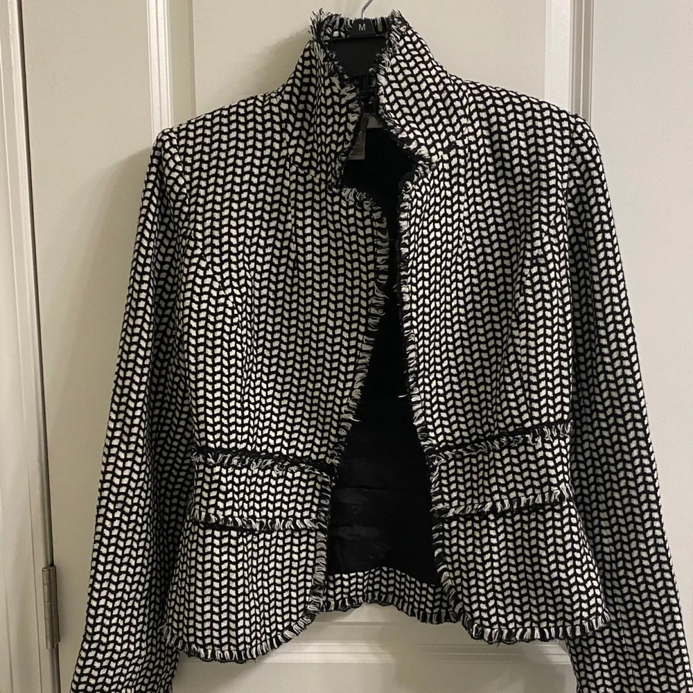 White House Black Market tweed black and white fringed jacket. - Picture 2 of 11